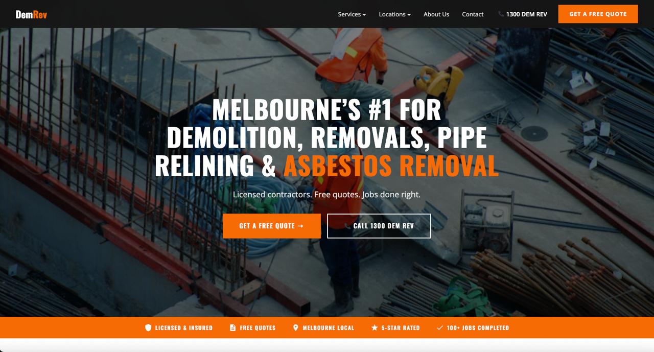 DemRev homepage — Melbourne demolition and removals website built by Sally