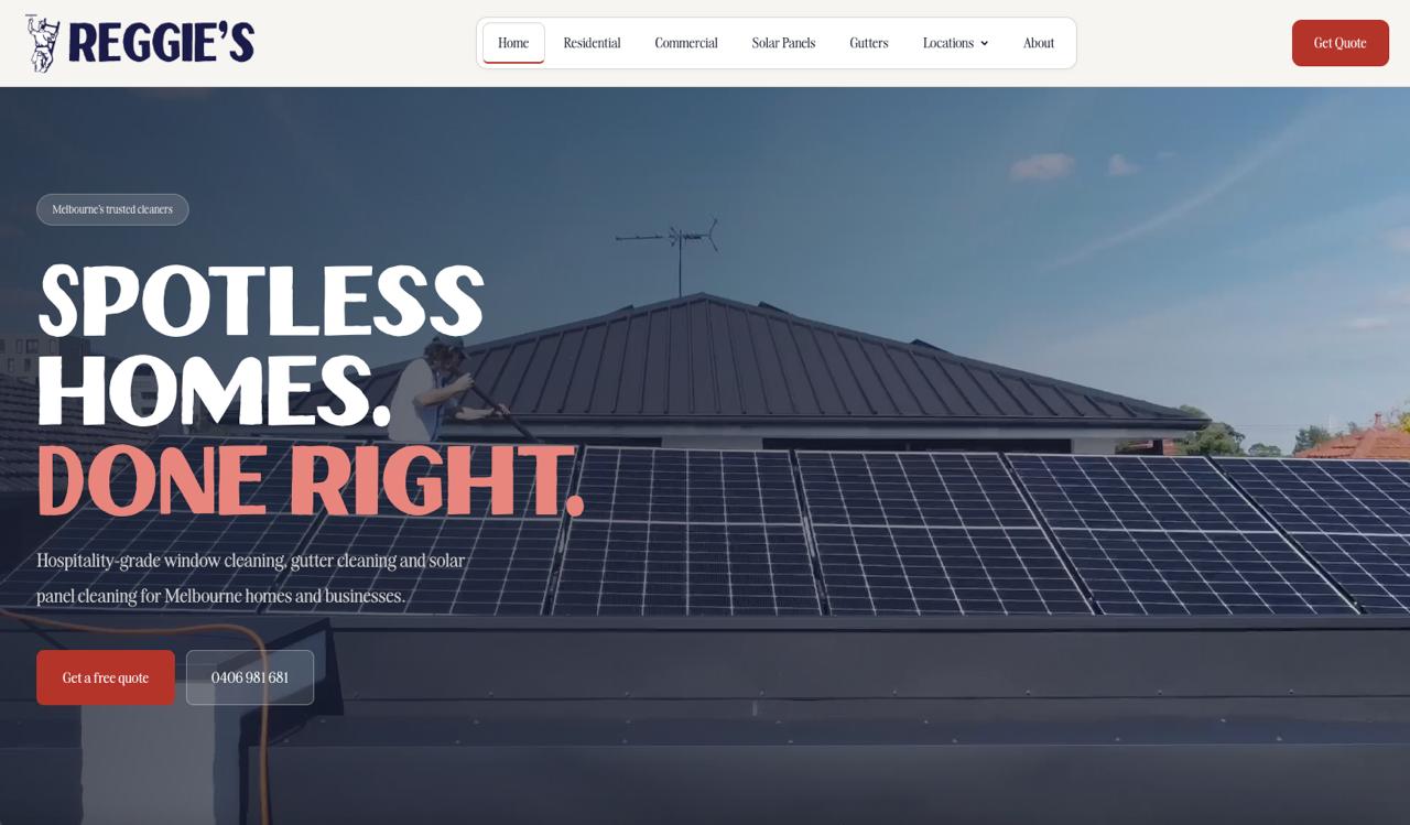 Reggie's Windows and Gutters homepage — Melbourne window cleaning website optimised by Sally