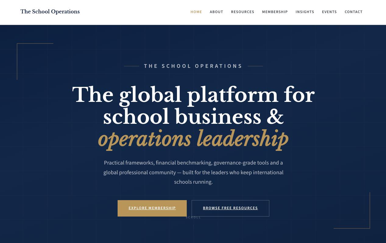 The School Operations homepage — global school business leadership platform built by Sally